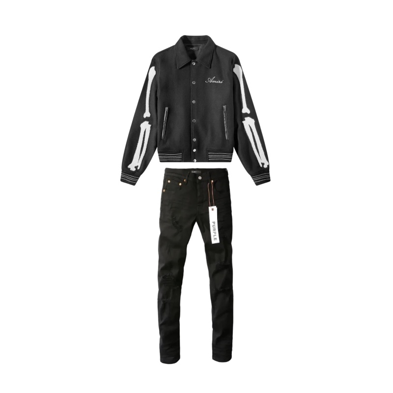 Amiri Bones Varsity Black Jacket+ Purple Brand Jeans 72448 Set