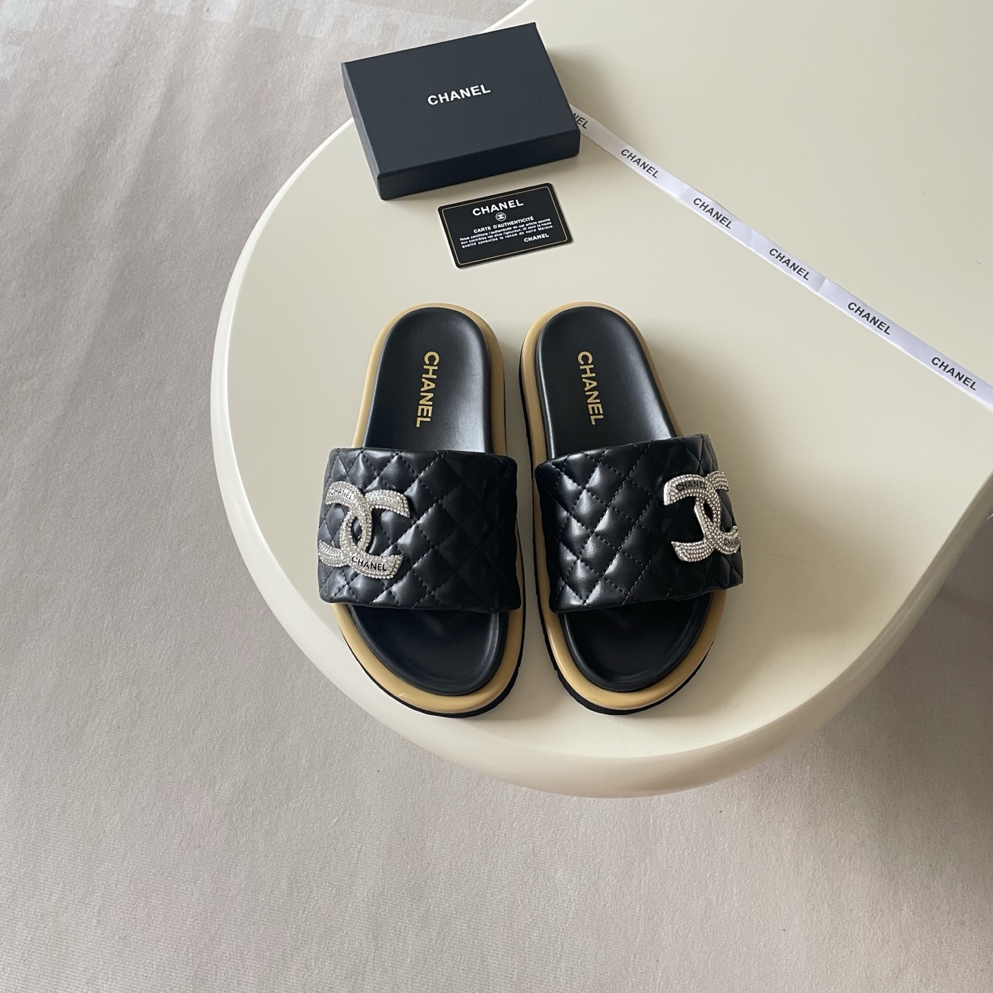 Chanel Embroidered Logo Strap Slides - White & Black