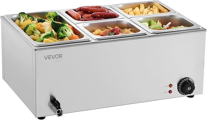 VEVOR 24QT Commercial Food Warmer, 6-Pan Electric Steam Table, 1200W Professional Countertop Stainless Steel Buffet Bain Marie with 86-185°F Temp Control for Catering, Buffet, Parties, Restaurants