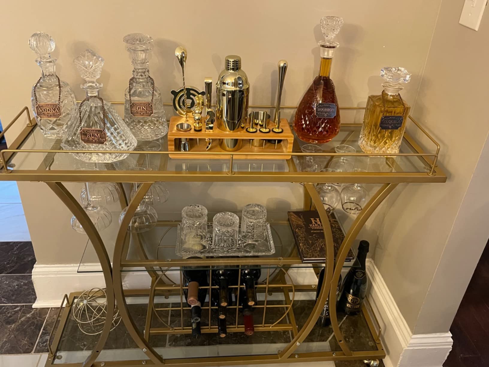 Bar Serving Cart with Glass Holder and Wine Rack