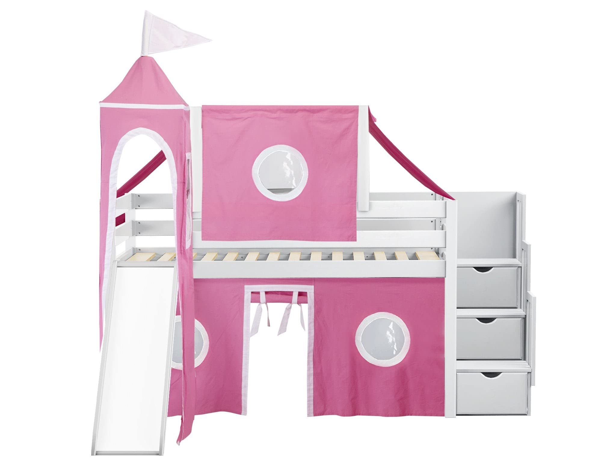 Princess Low Loft Stairway Bed with Slide Pink & White Tent &
