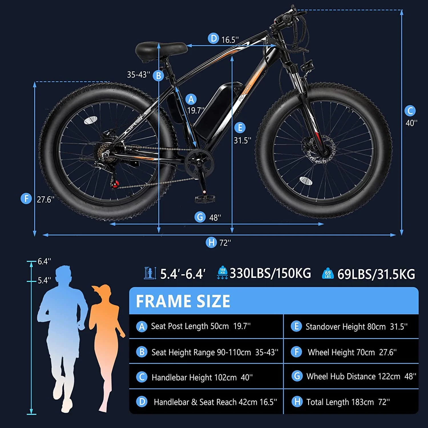 PEXMOR 26in Fat Tire Electric Mountain Bike, 500W, 48V 13Ah