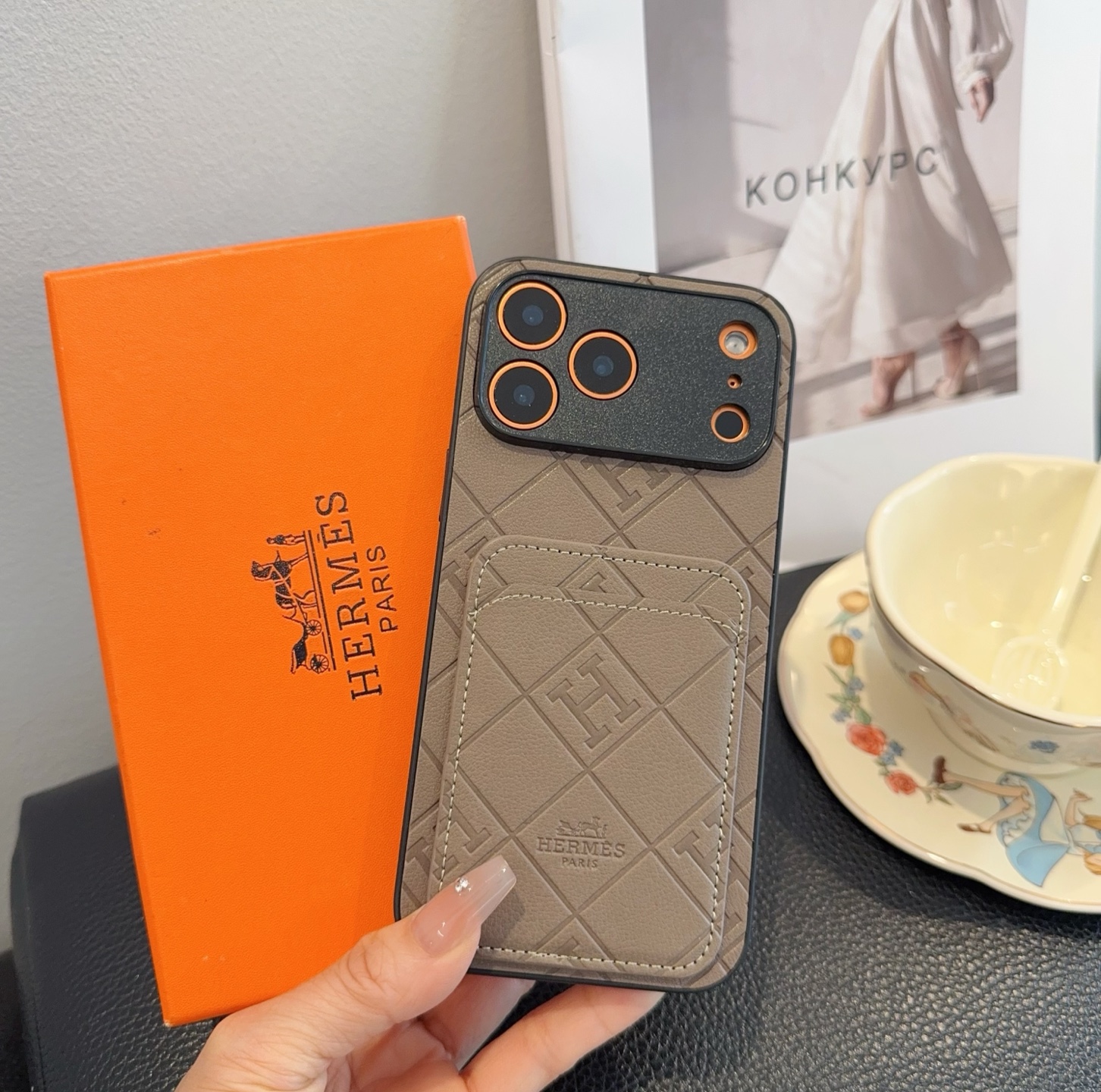 Hermès Embossed Monogram Leather Card Holder Phone Case