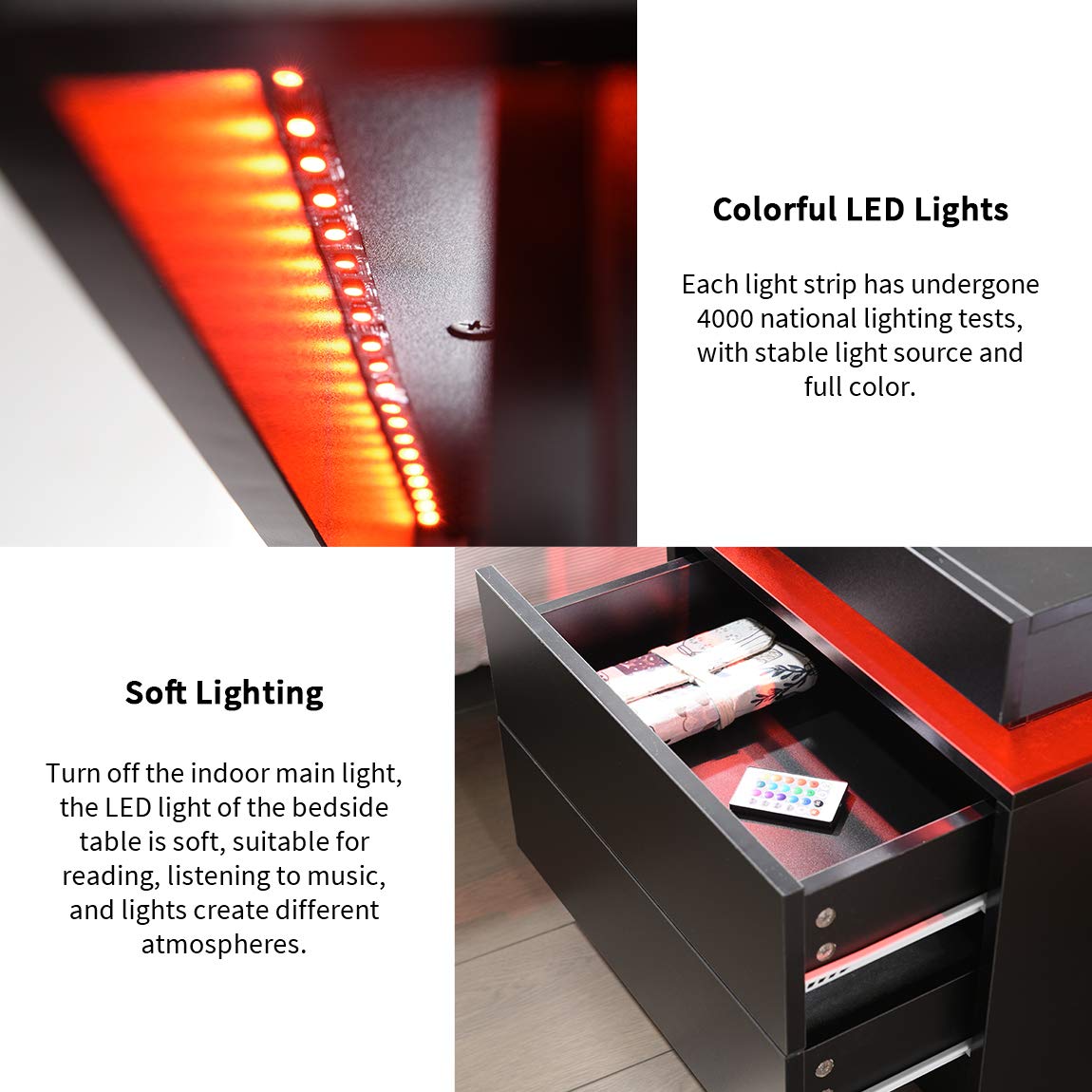 Nightstand Set of 2 LED Nightstand with 2 Drawers