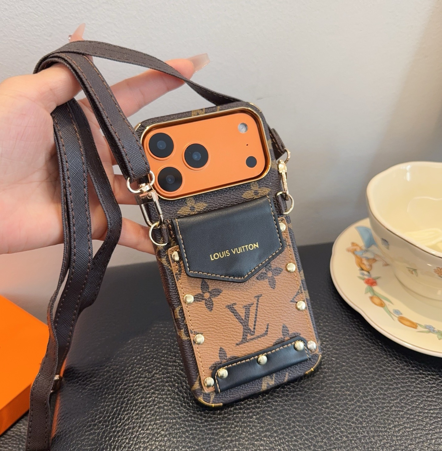 Louis Vuitton Style Monogram Card Holder Crossbody Phone Case With Rivet Detail