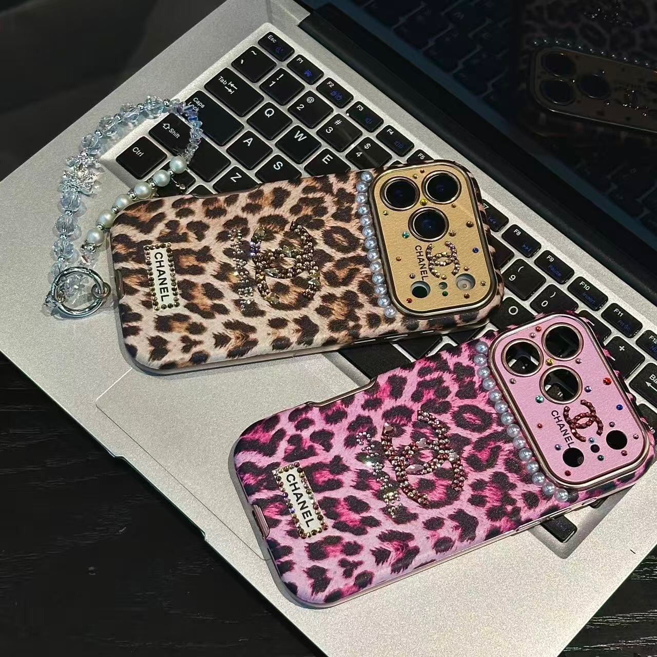 Leopard Print Rhinestone CC Logo Pearl Trim Luxury Shockproof iPhone Case With Crystal Wrist Chain