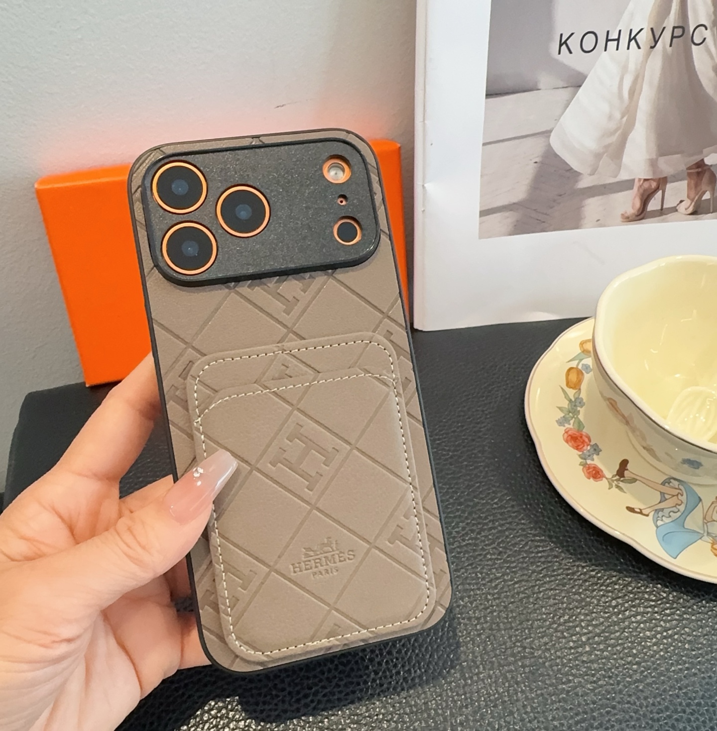 Hermès Embossed Monogram Leather Card Holder Phone Case