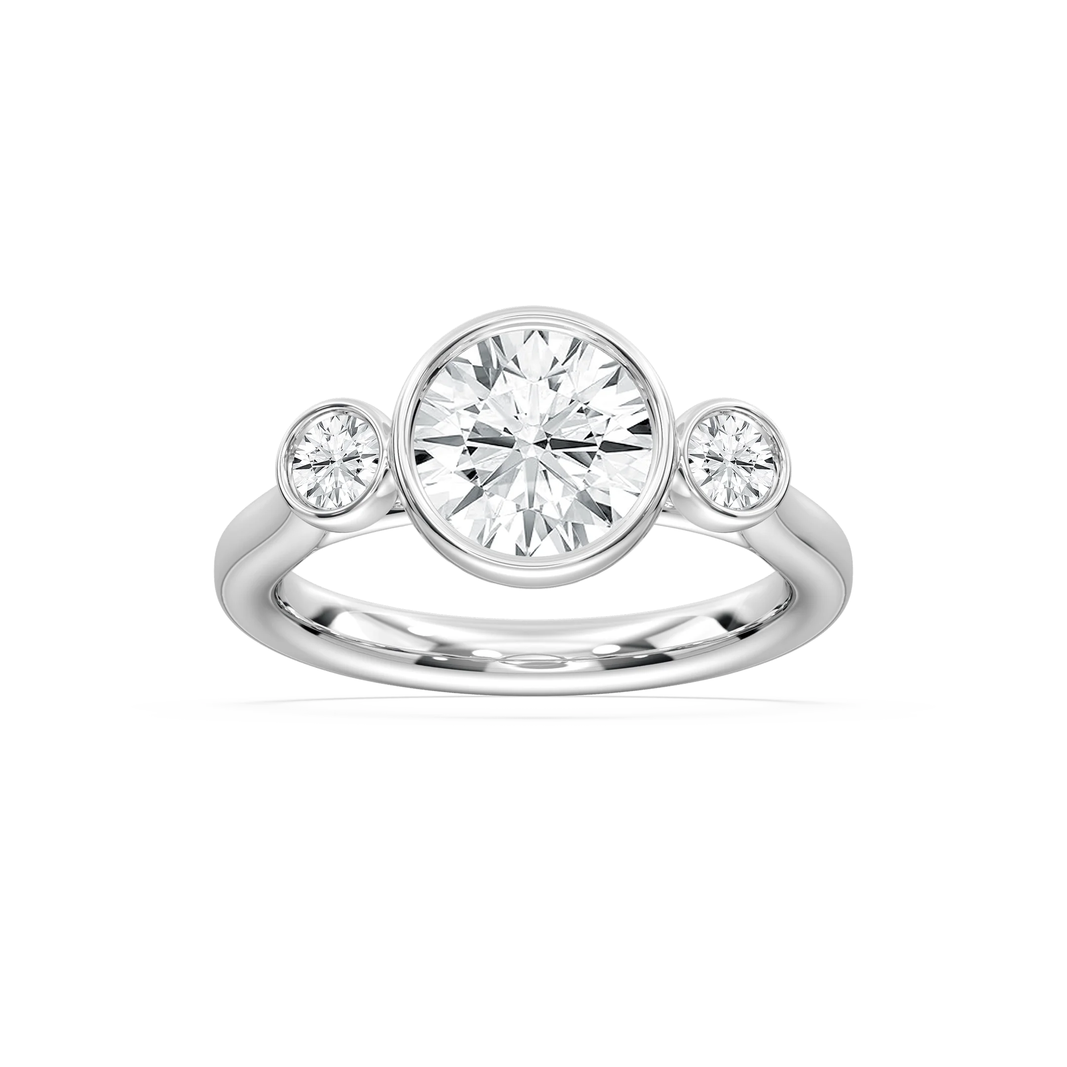 Nina 2 ½ ctw Round Lab Grown Diamond Bezel Set Three Stone Engagement Ring