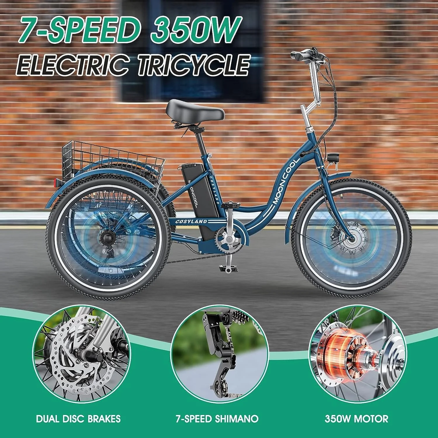 MOONCOOL 3-Wheel Electric Tricycle with Basket, 350W, 36V