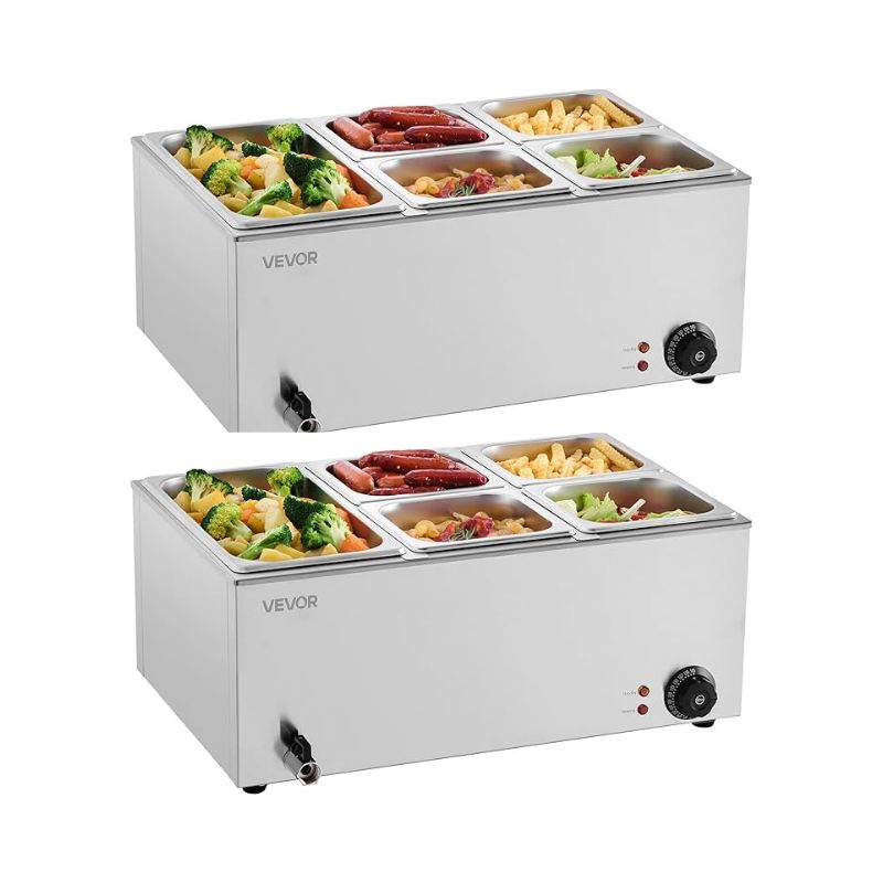 VEVOR 24QT Commercial Food Warmer, 6-Pan Electric Steam Table, 1200W Professional Countertop Stainless Steel Buffet Bain Marie with 86-185°F Temp Control for Catering, Buffet, Parties, Restaurants