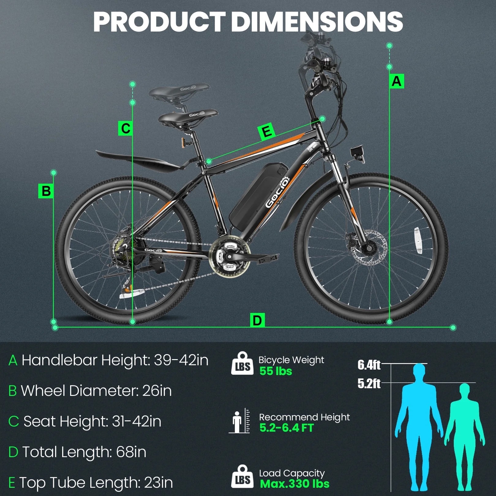 Gocio 26in Electric Mountain Bike, 500W, 48V 375Wh, 21-Speed