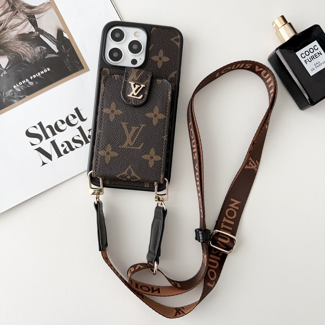 Designer Monogram Card Holder Phone Case with LV & GG Metal Buckle