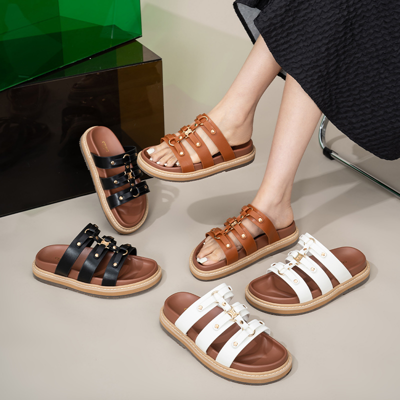 Celine Triomphe Leather Strap Sandals