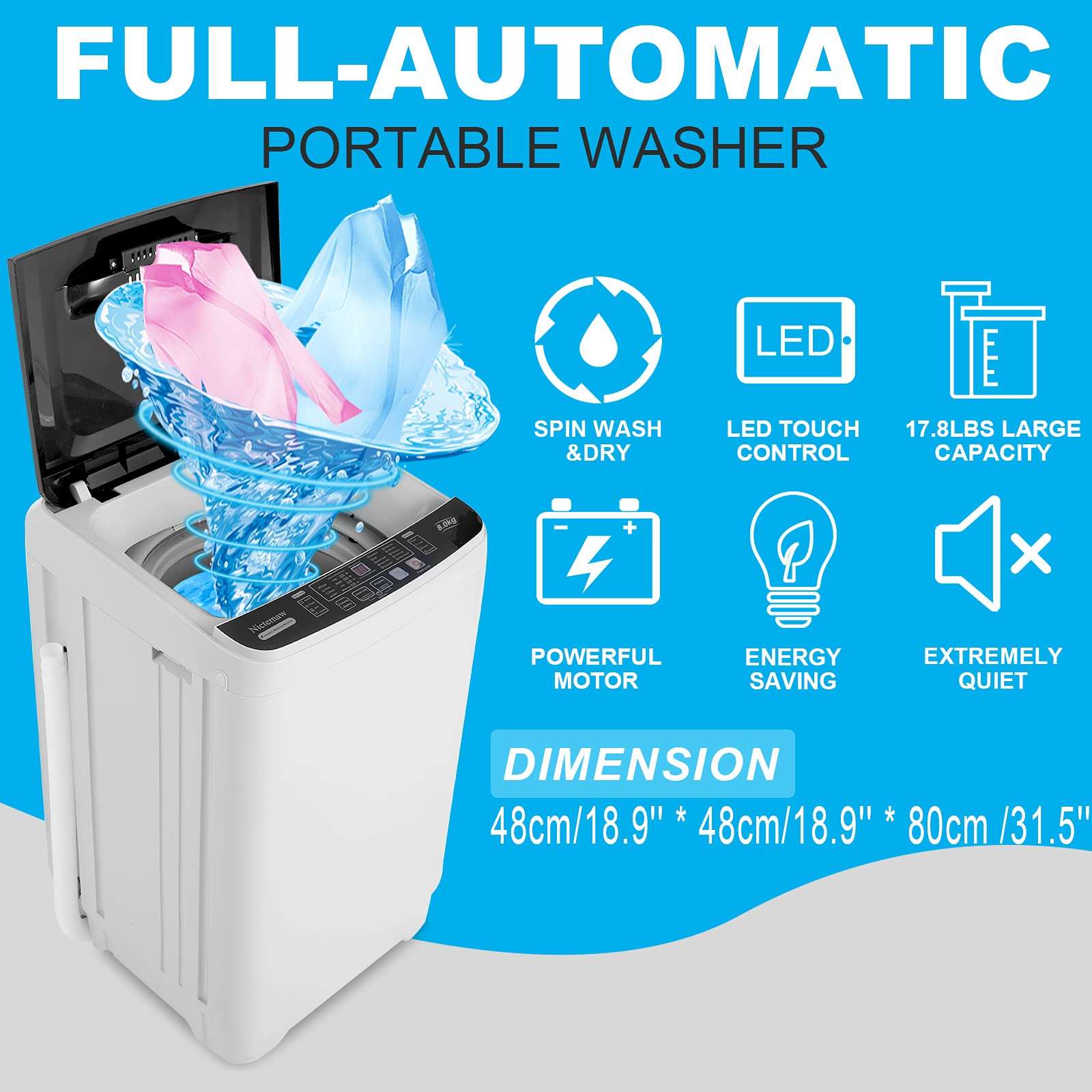 Portable Washer Nictemaw 17.8Lbs Capacity Full-Automatic Washer