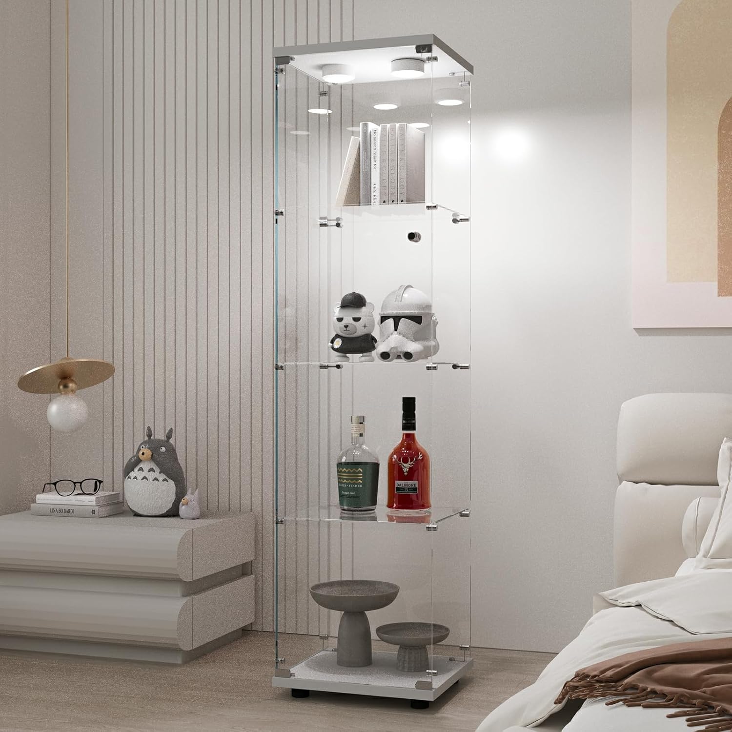 QIHAI Tempered Glass Display Cabinet,Corner Cabinet with Lights and Locks,Bottom Equipped Adjustable Foot,for Various Floors,Living Room,Corridor,Office,White