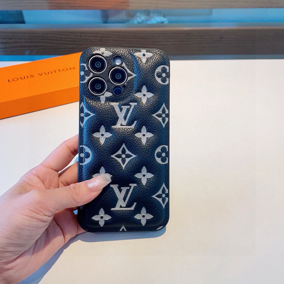 Louis Vuitton Black Monogram Embossed Leather Padded Shockproof Phone Case