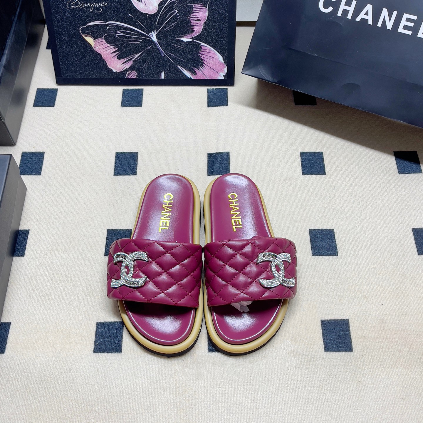 Chanel Quilted Logo Slide Sandals - Burgundy & Tan