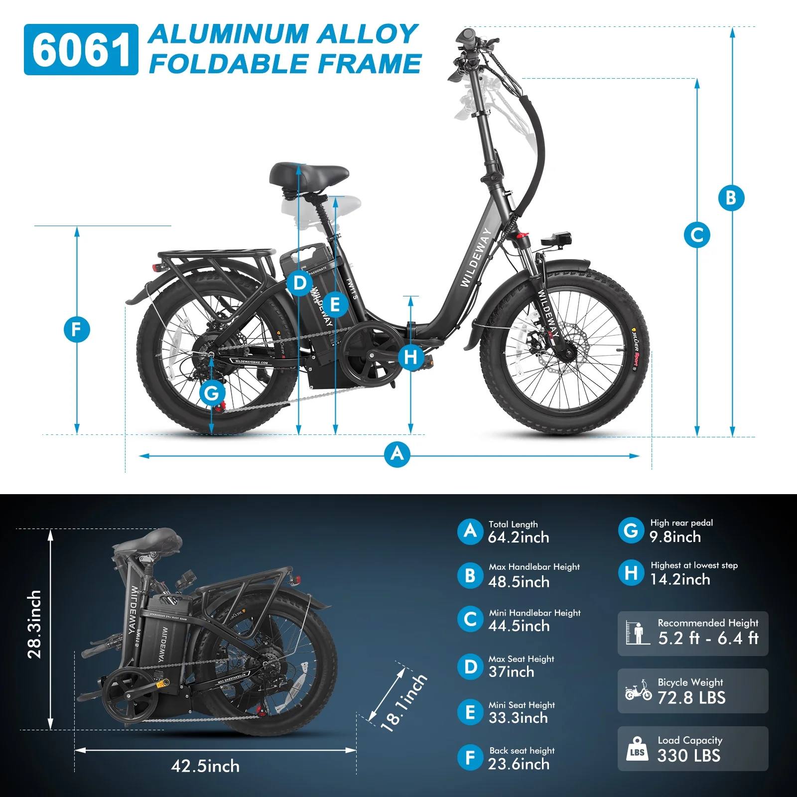 Wildeway 20in Folding Electric Bike, 750W, 48V 32Ah, Hydraulic Brakes