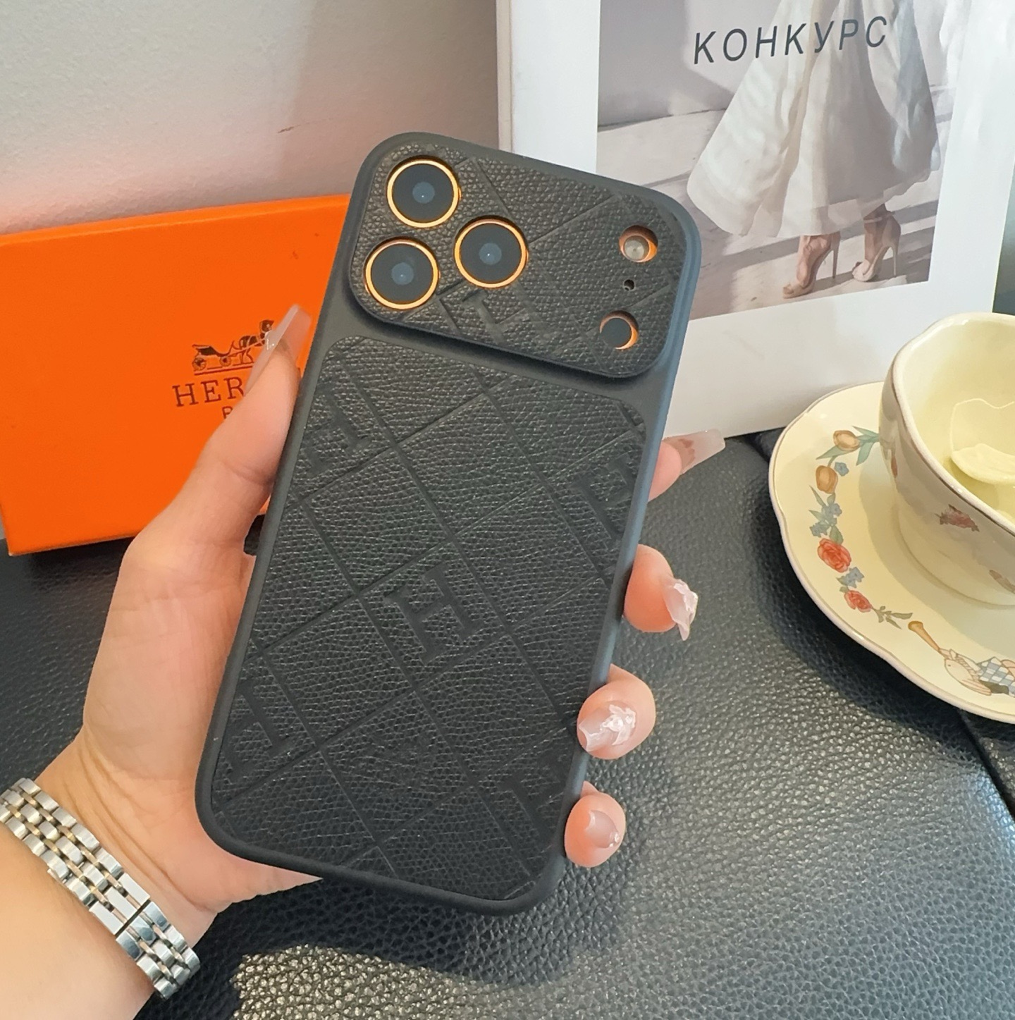 Hermès Style Embossed Leather Texture Full Cover Phone Case