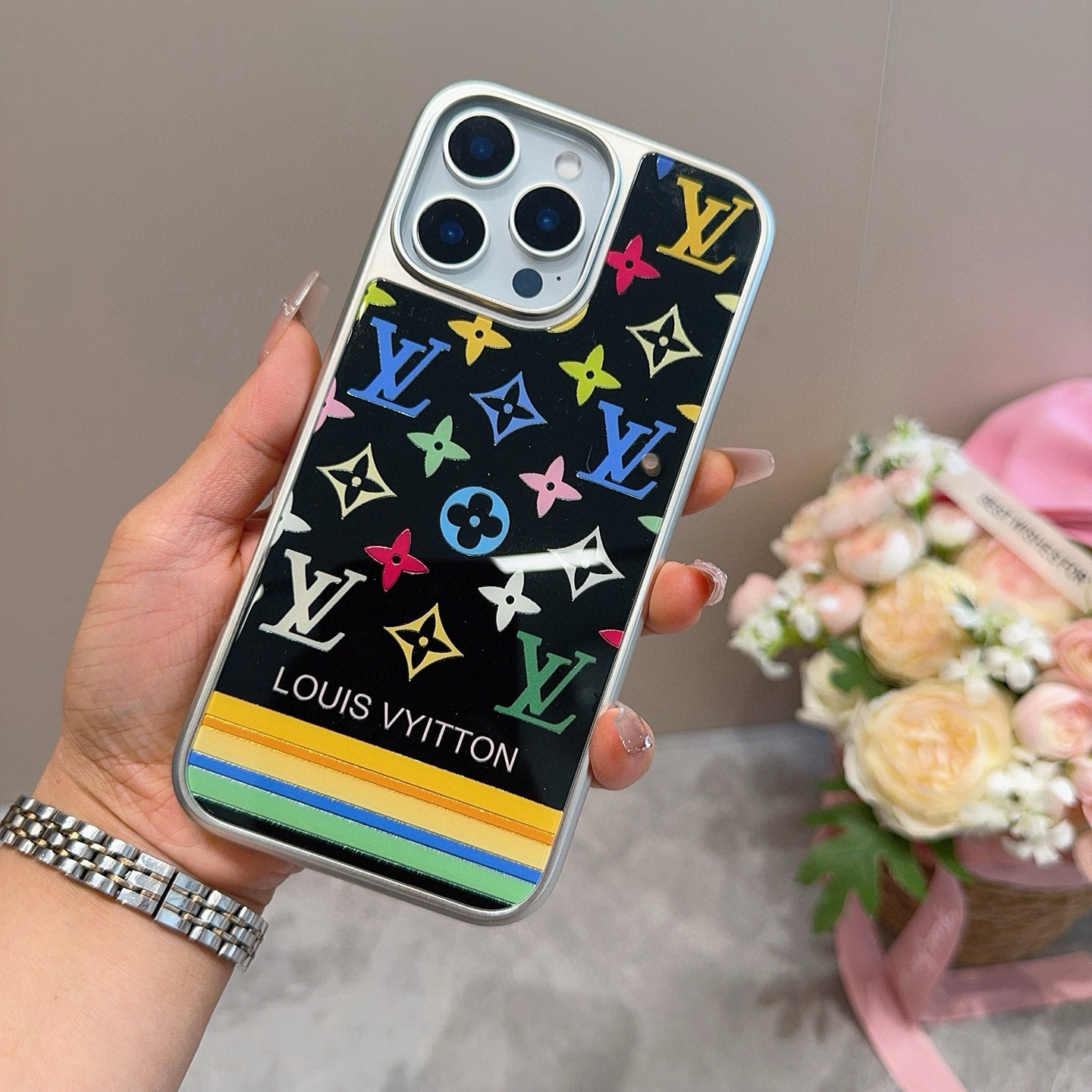 LV New Arrival Gilded Craft Electroplated Glass Phone Case