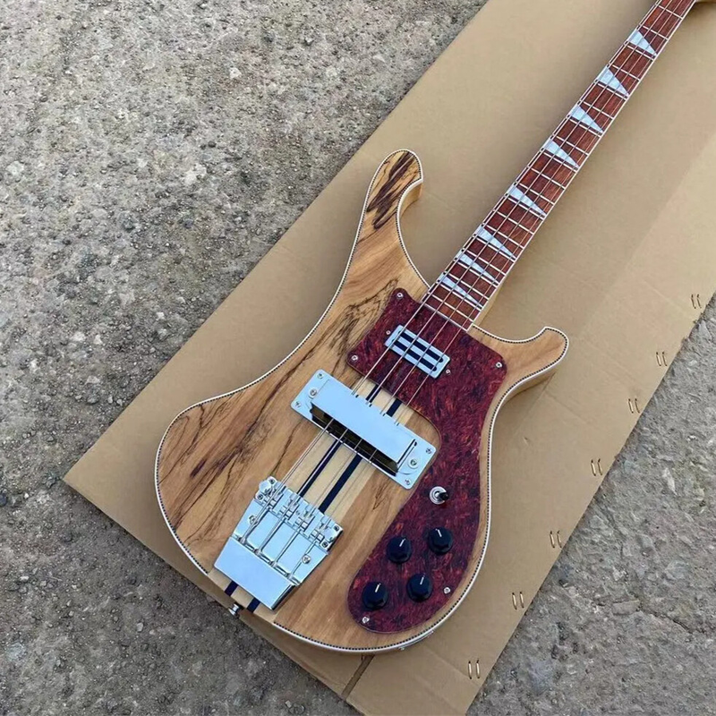 Through Body Electric Bass Guitar Spalted Maple Chrome Parts Fixed Bridge Top
