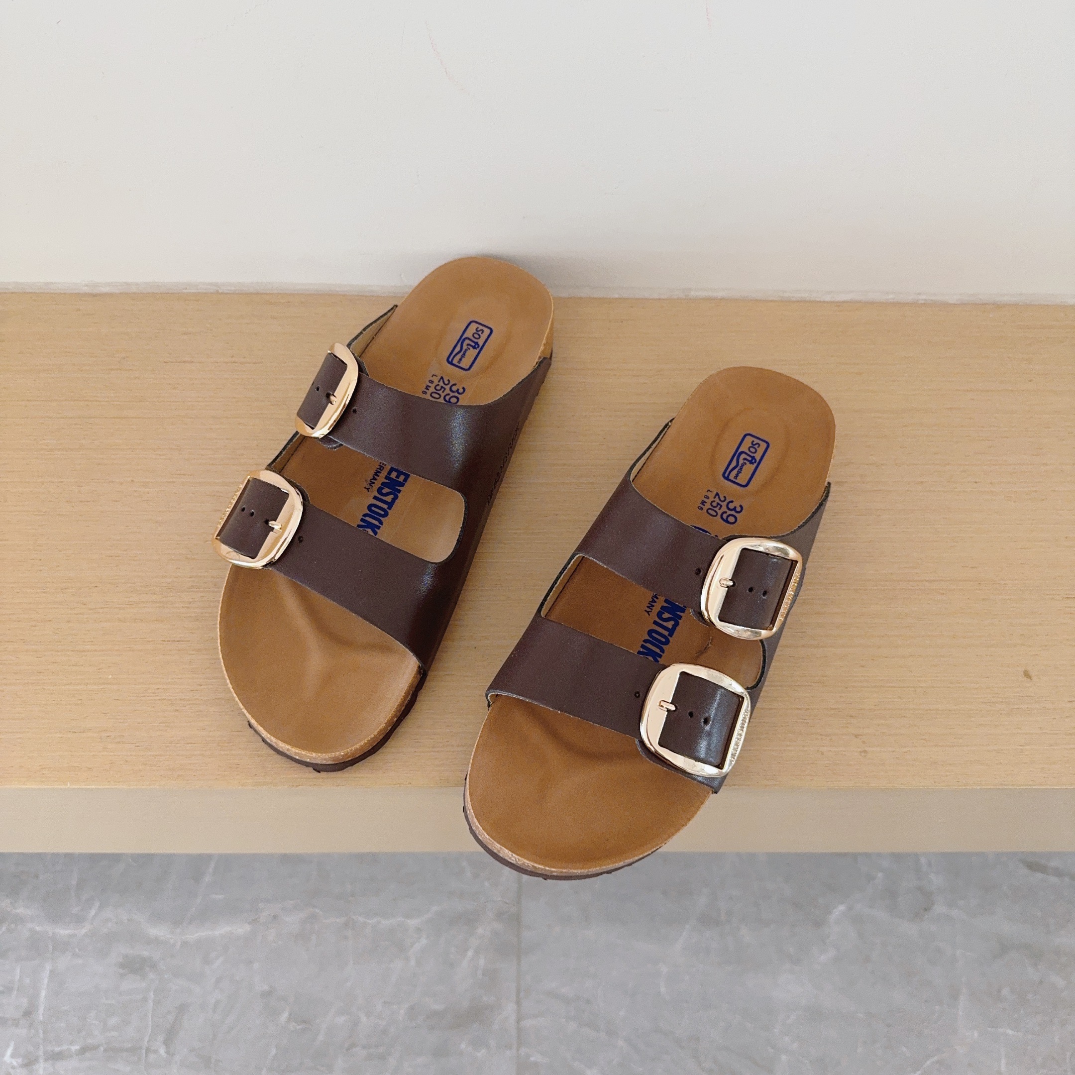 Round Gold Buckle Birken-Style Two-Strap Sandals