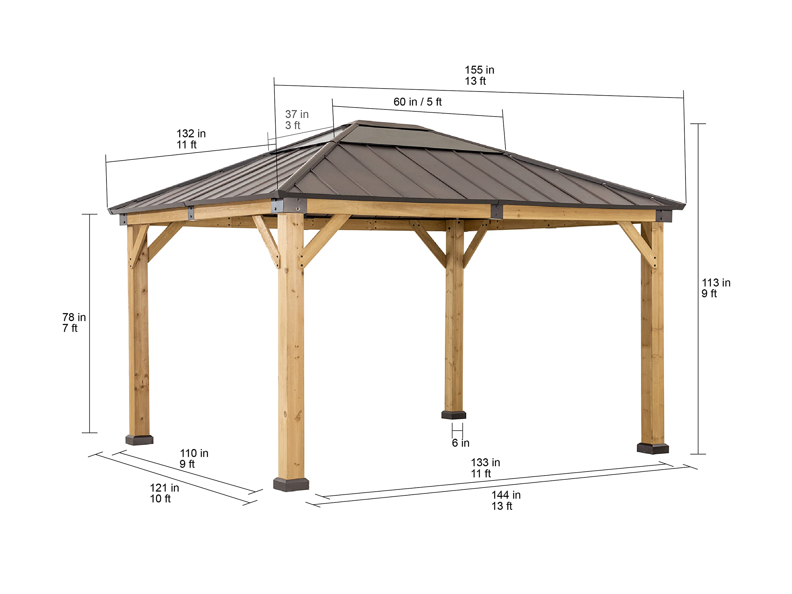 Outdoor Patio 11x13 Cedar Framed Wood Gazebo with Brown Steel