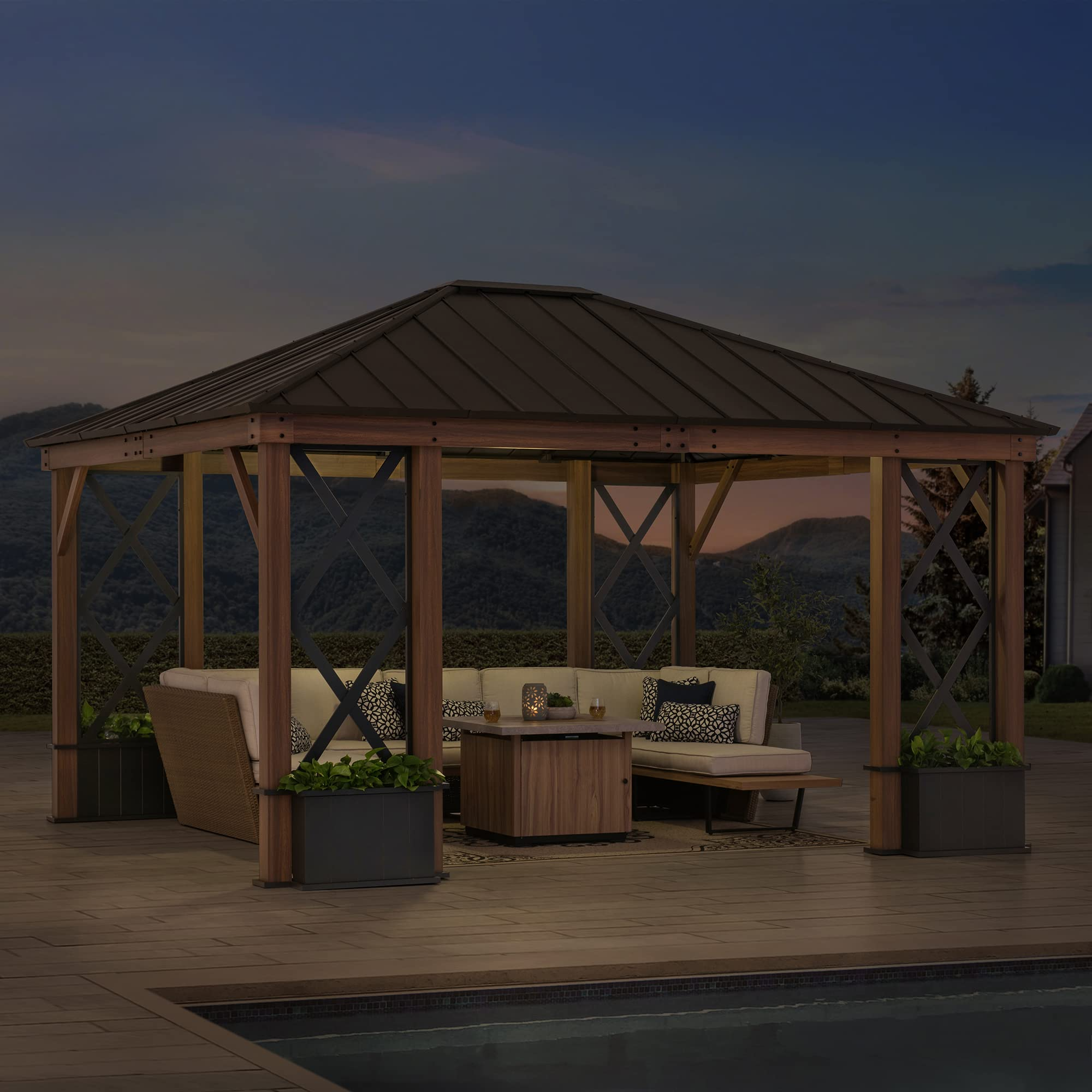 Outdoor Steel Hardtop Gazebo with Planters & Ceiling Hook for