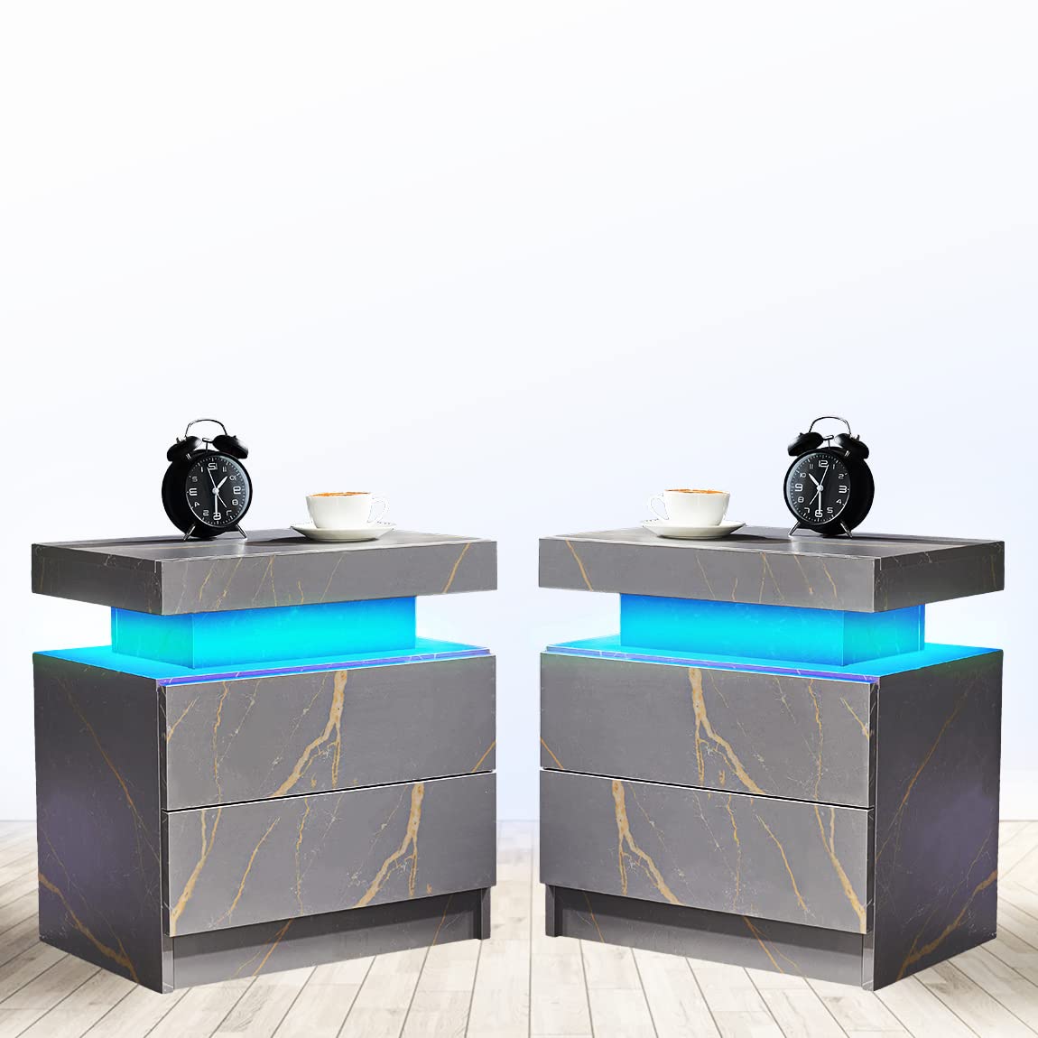 Nightstand Set of 2 LED Nightstand with 2 Drawers