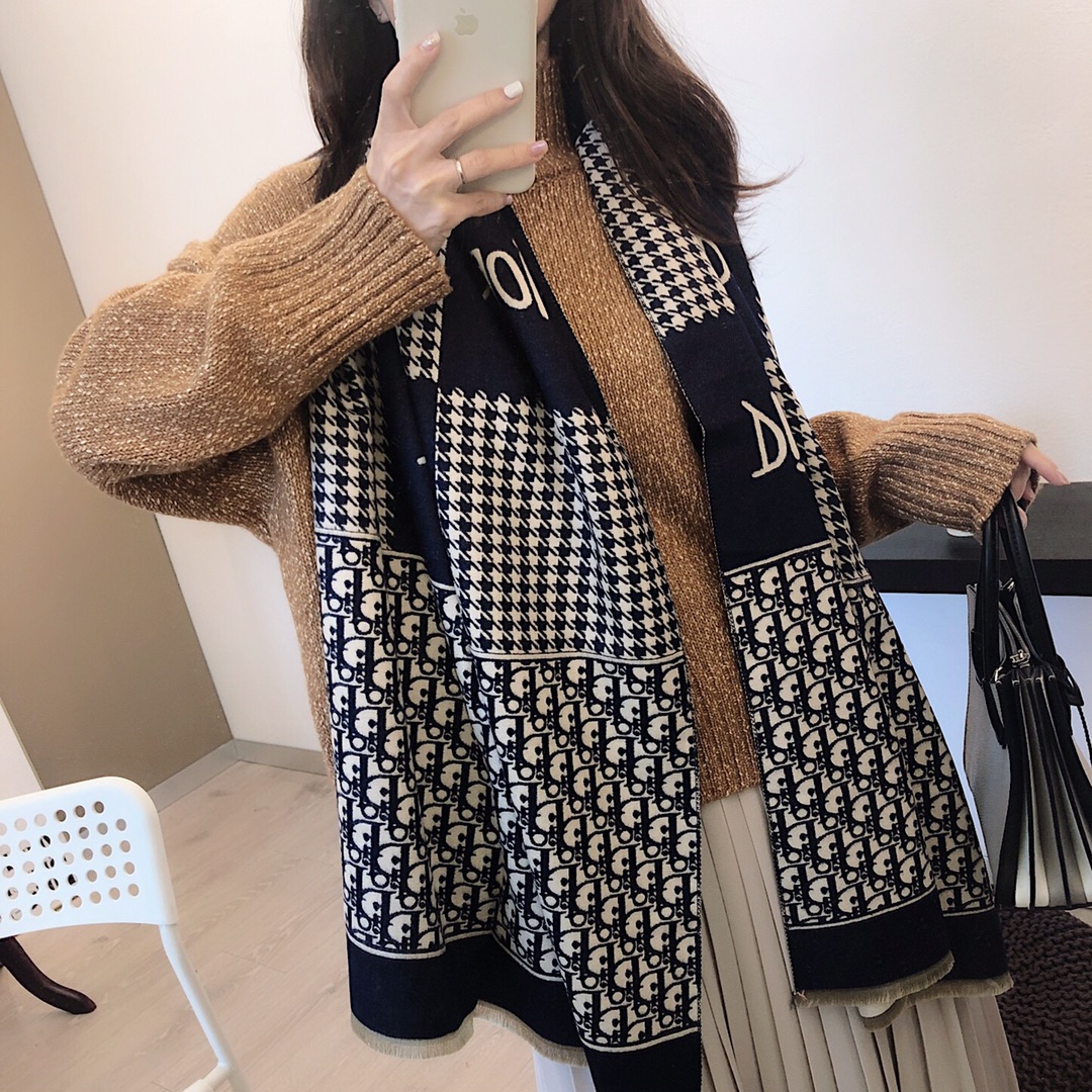 Dior Houndstooth Cashmere Scarf Pink and Black