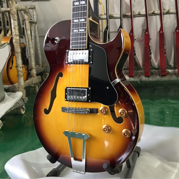Hollow Body ES 175 Electric Guitar Sunburst Chrome Hardware Black Fretboard Top
