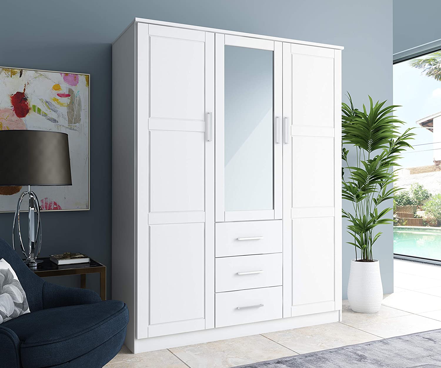 Cosmo Solid Wood 3-Door Wardrobe with Mirror and 3 Drawers