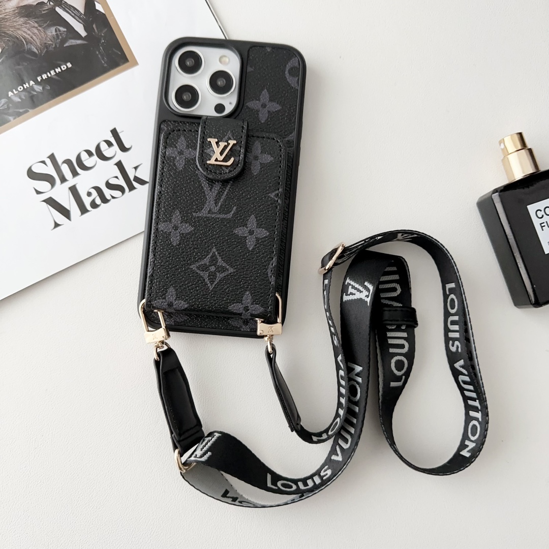 Designer Monogram Card Holder Phone Case with LV & GG Metal Buckle
