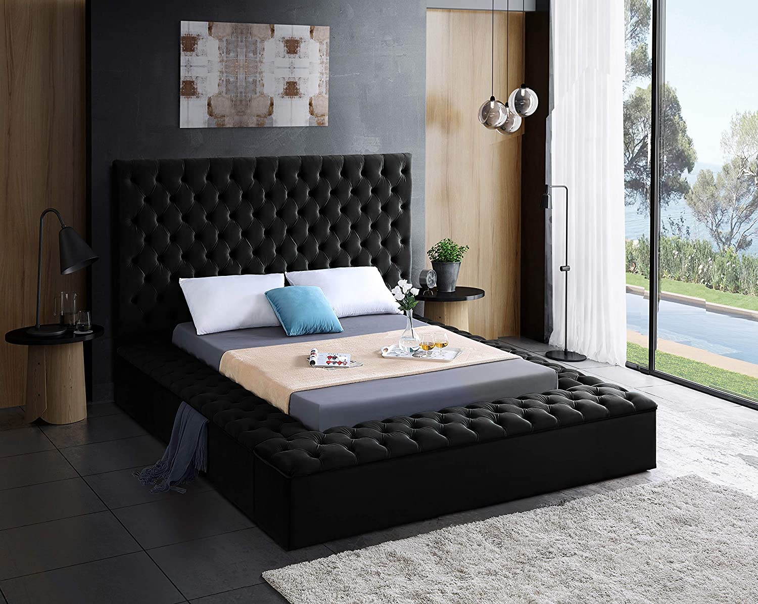 Velvet Upholstered Bed with Deep Button Tufting & Storage