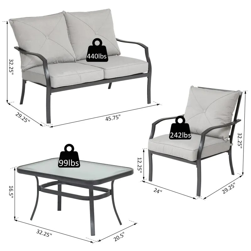Outsunny 4 Pcs Metal Frame Garden Chatting Set w Sofa 2 Chairs