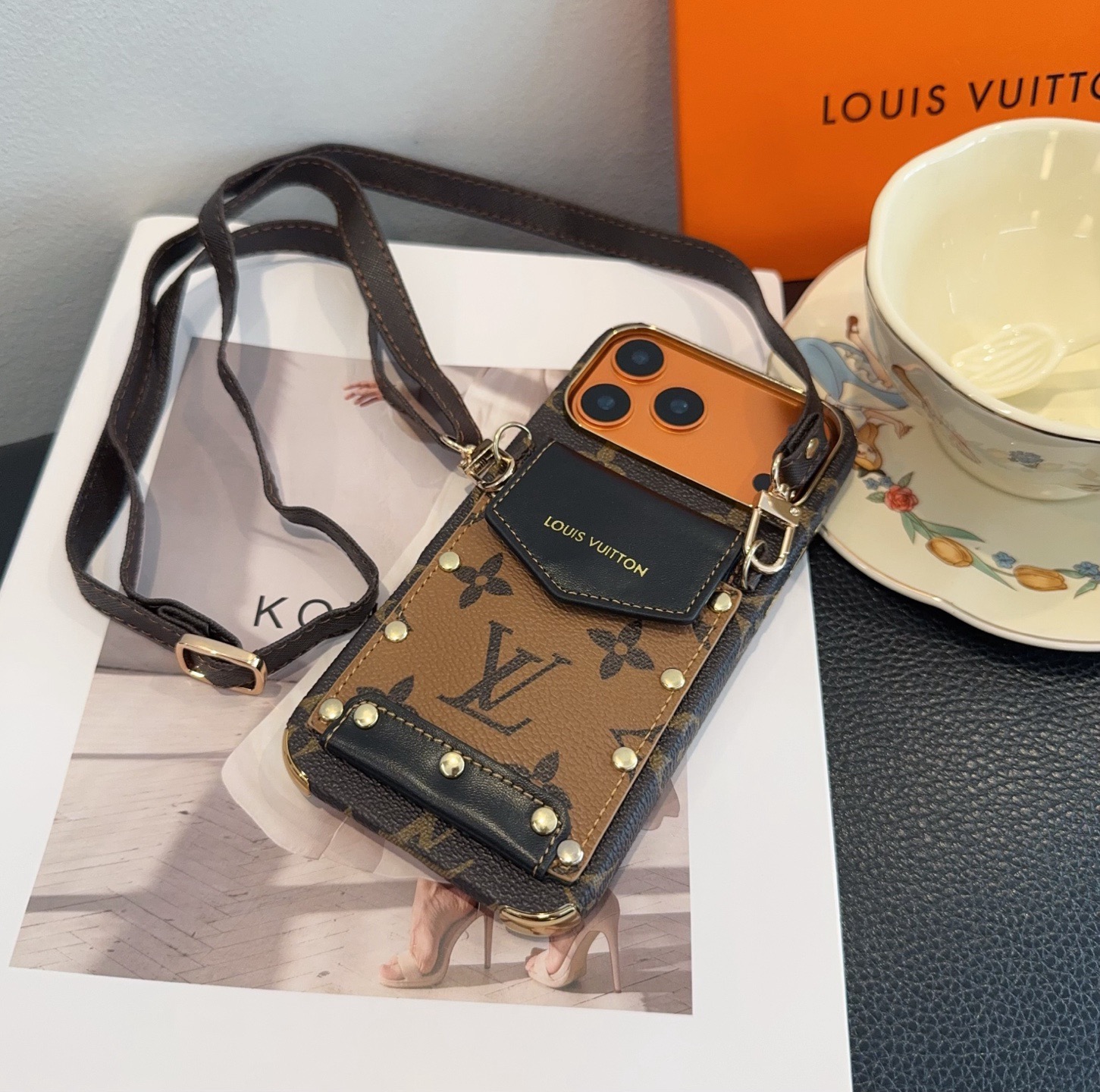 Louis Vuitton Style Monogram Card Holder Crossbody Phone Case With Rivet Detail