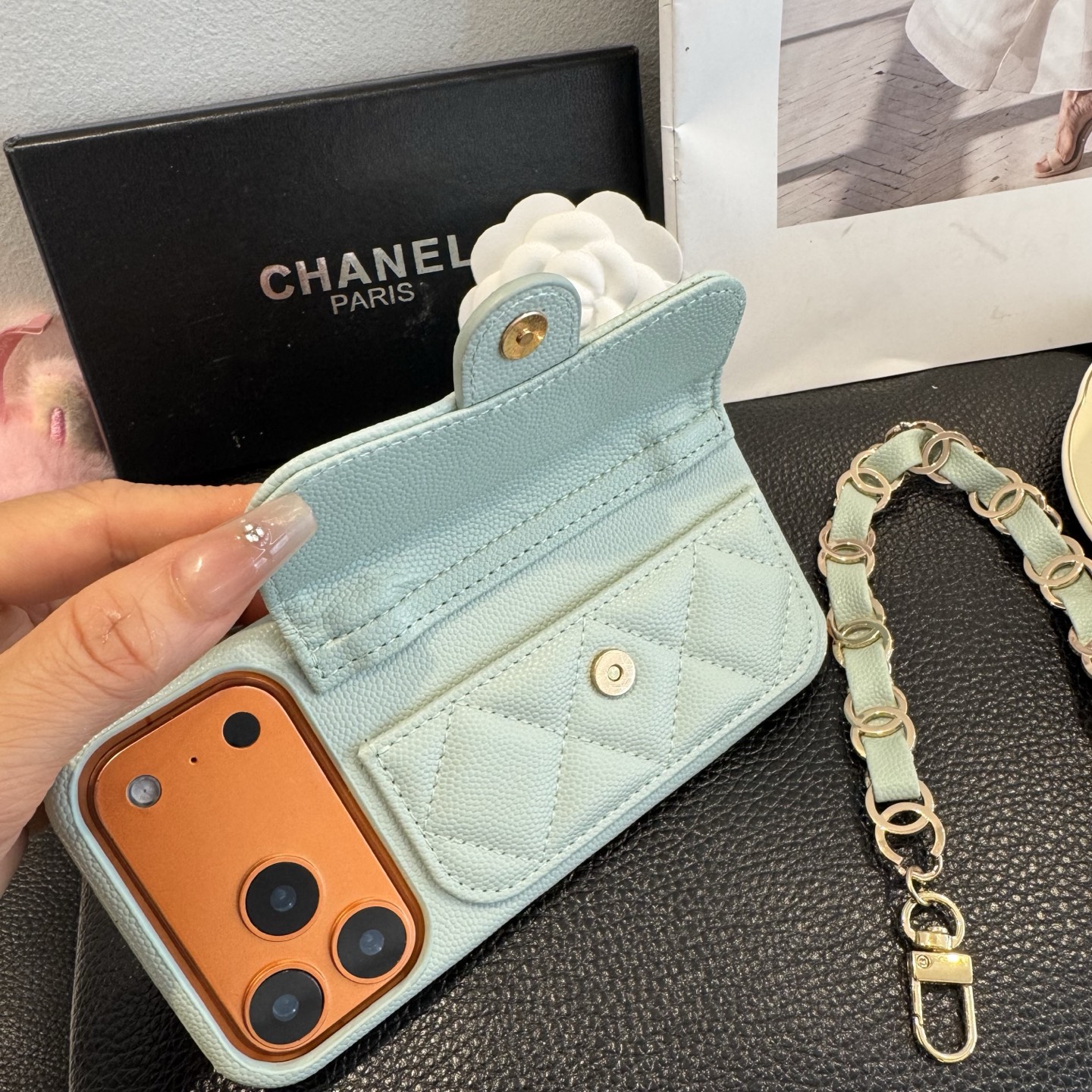 Light Blue Chanel Style Quilted Caviar Leather Card Slot Chain Strap Luxury Phone Case