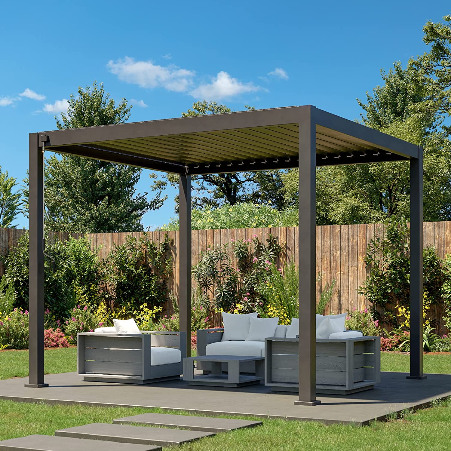 10'x10' Sun Shade Pergola Rainproof Gazebo with Adjustable Roof