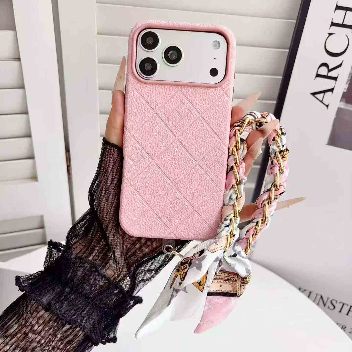 Rhombus Embossed Card Pocket Foldable Phone Case With Silk Scarf Beaded Wrist Chain For Samsung Z Flip Series