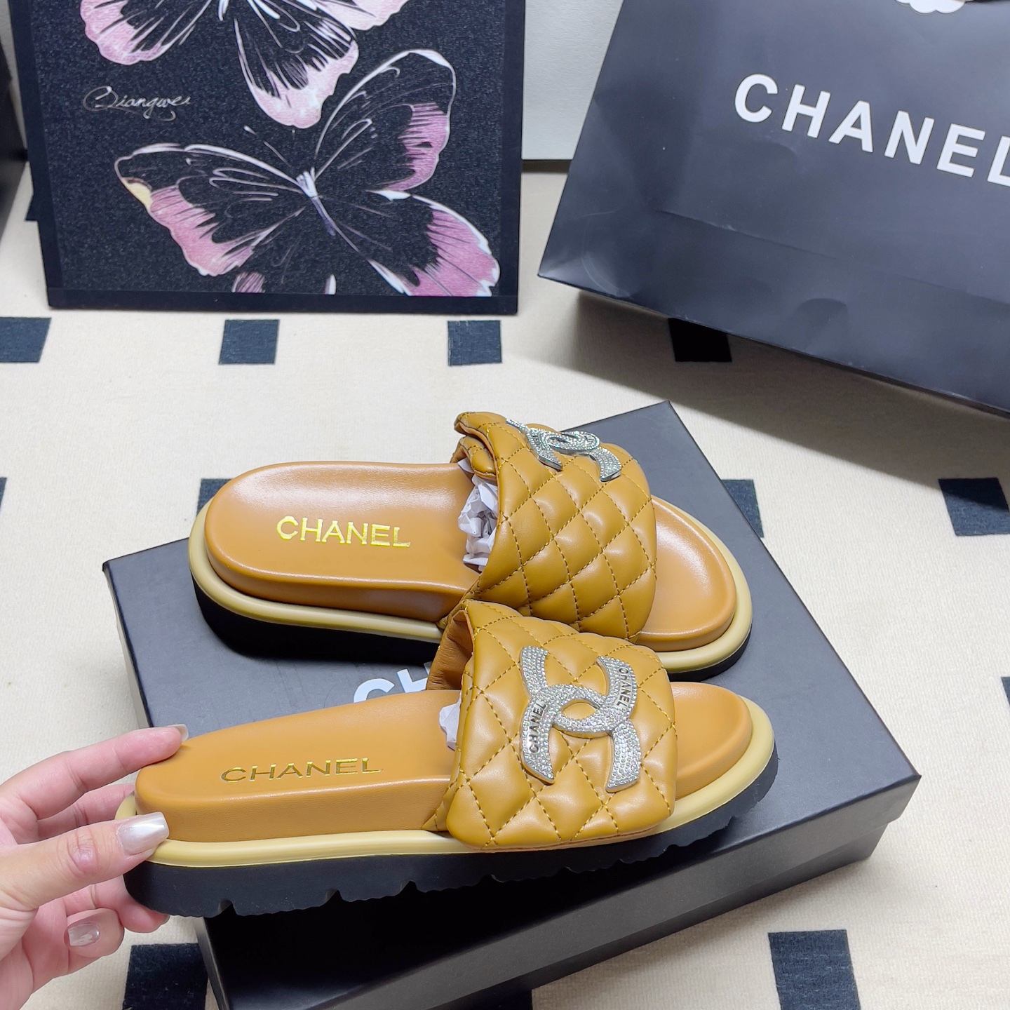 Chanel Quilted Logo Slide Sandals - Burgundy & Tan