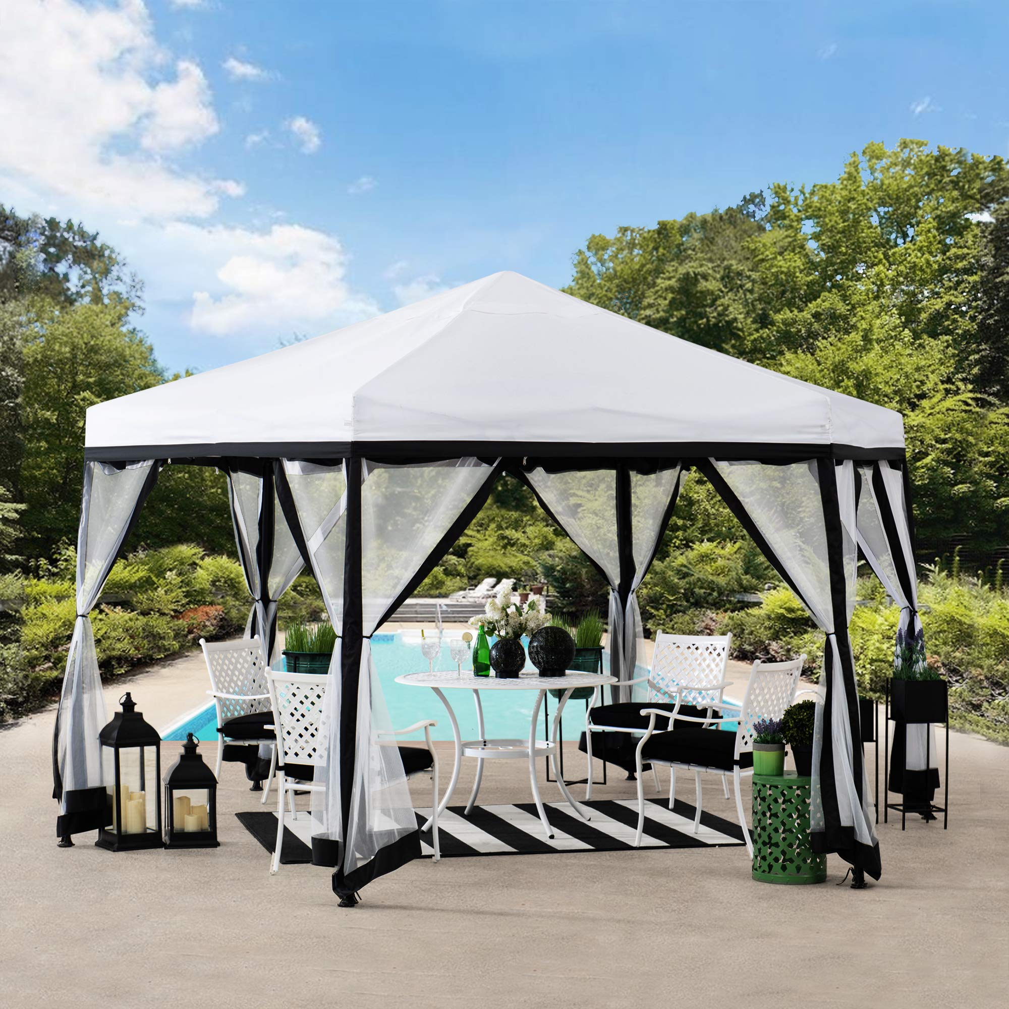 Sunjoy Lambert 11 ft. ft. 2-Tone Pop Up Hexagon Steel Gazebo