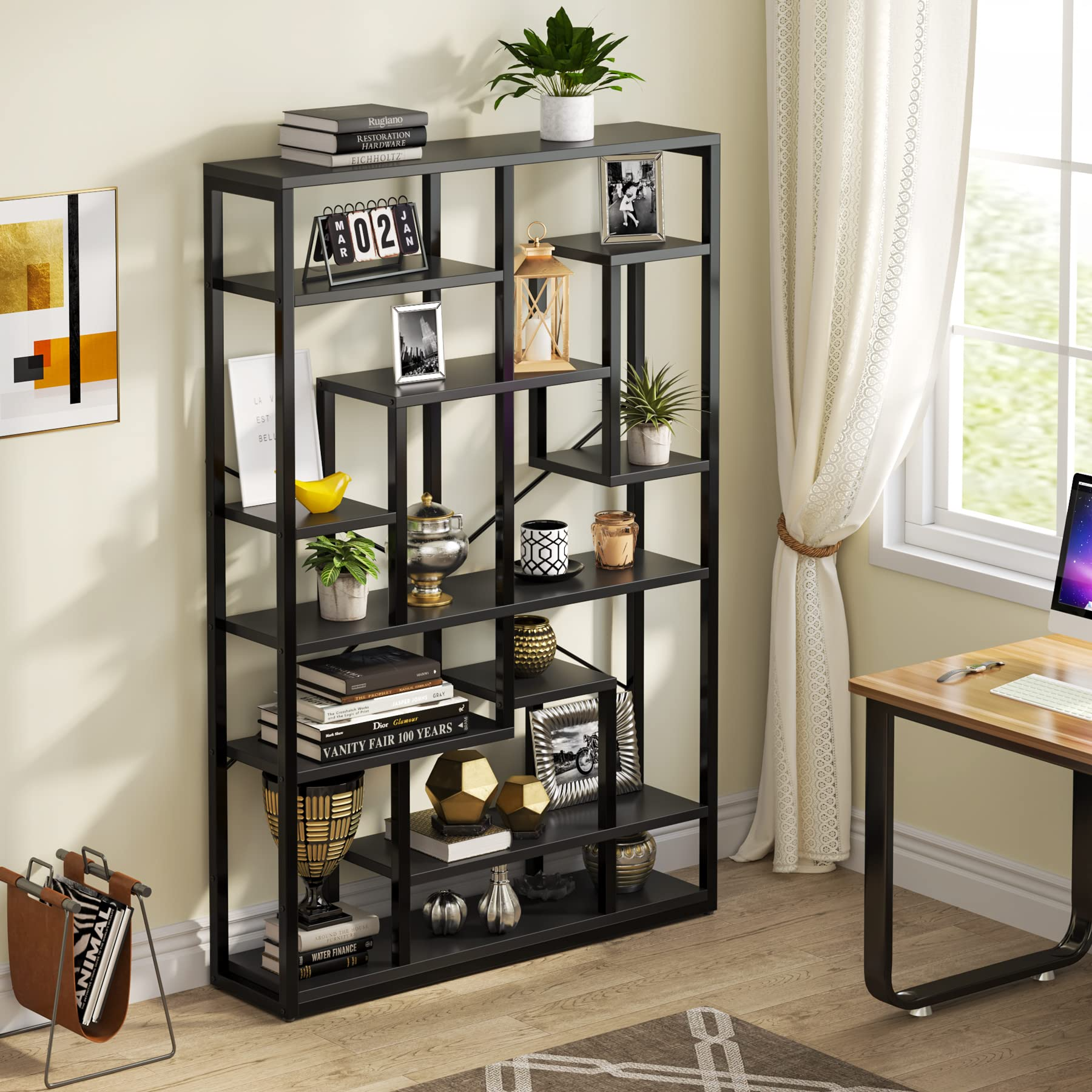 Black Bookshelf 47” Bookcase 9 Tier Tall Book Shelf Rustic