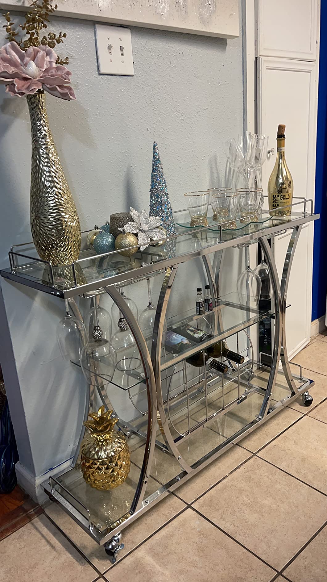Bar Serving Cart with Glass Holder and Wine Rack