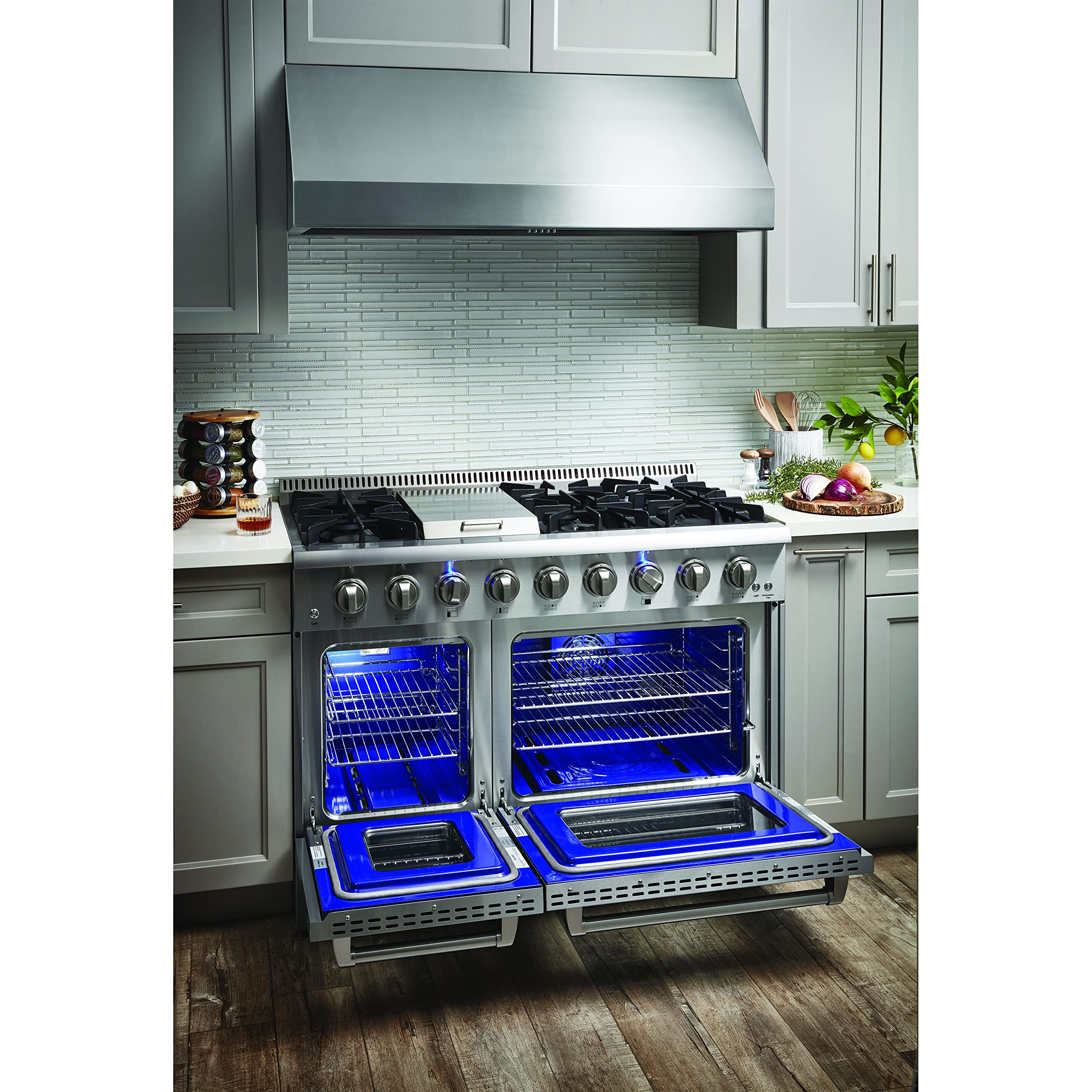 48" Griddle Gas Range with 6 Burners & Double 4.2 cu.Ft & 2.5 cu