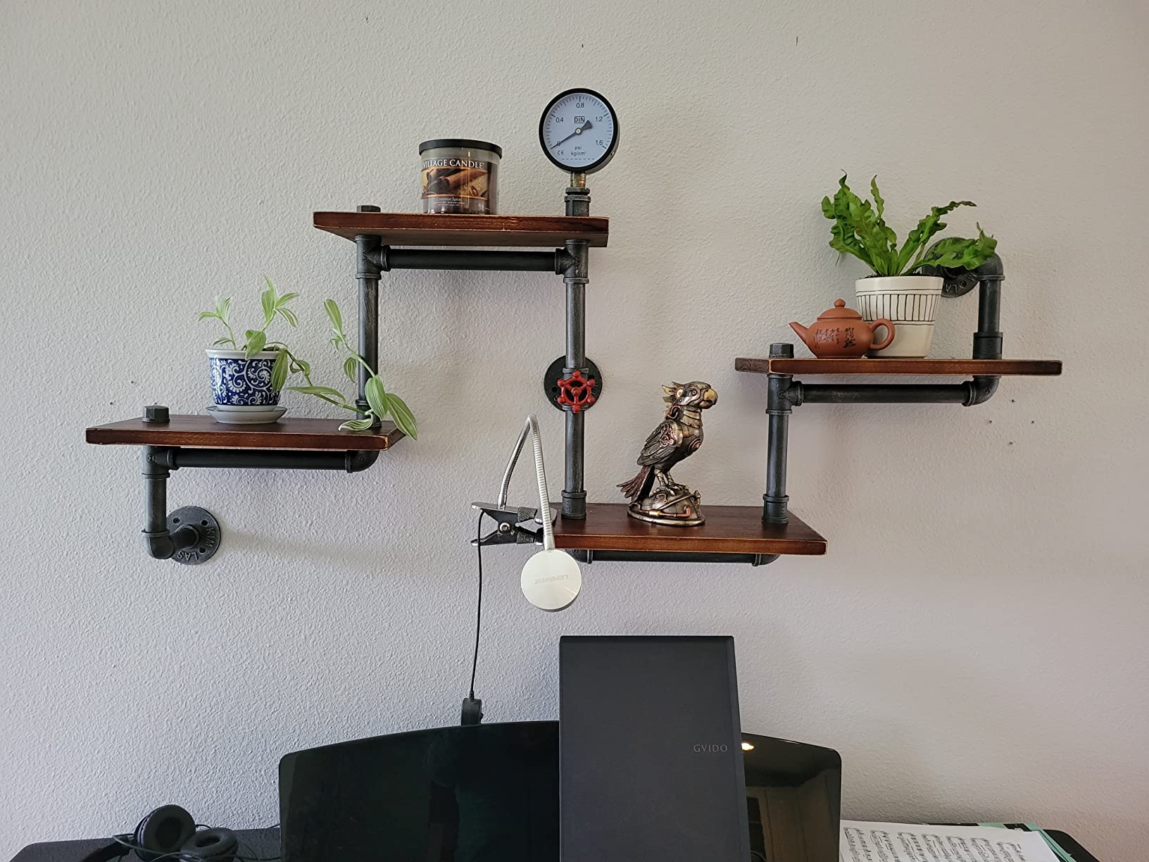 Industrial Modern Wood Ladder Pipe Wall Shelf 4 Layer Pipe