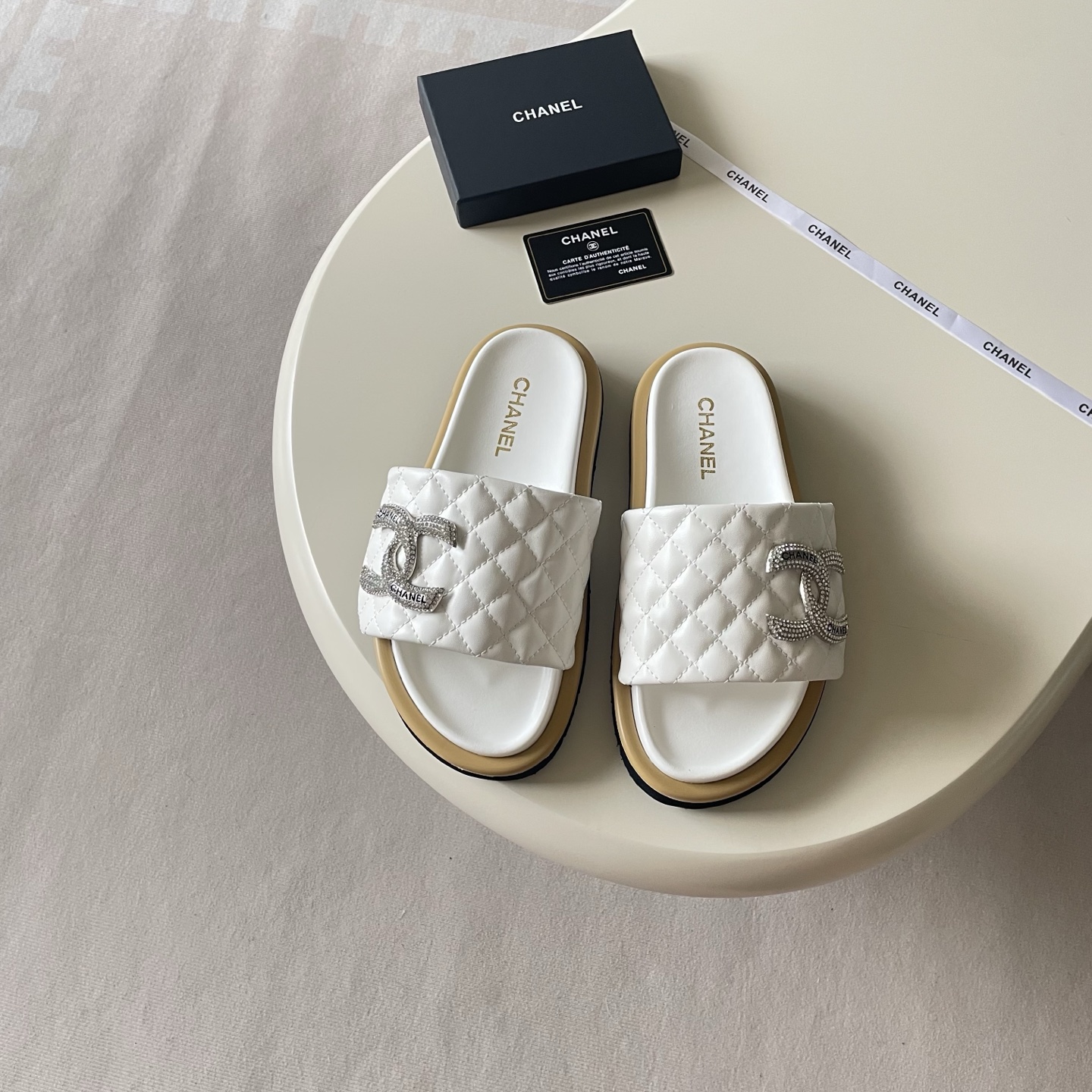 Chanel Embroidered Logo Strap Slides - White & Black
