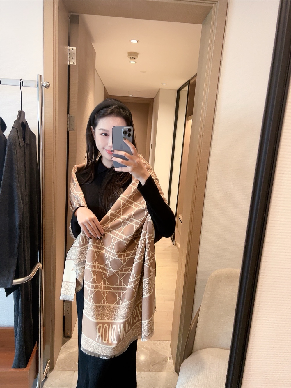 Dior Geometric Print Scarf Beige and Black 65 x 180 cm product images