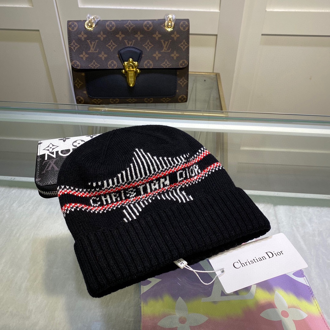Dior Logo Stripe Beanie Ivory and Black
