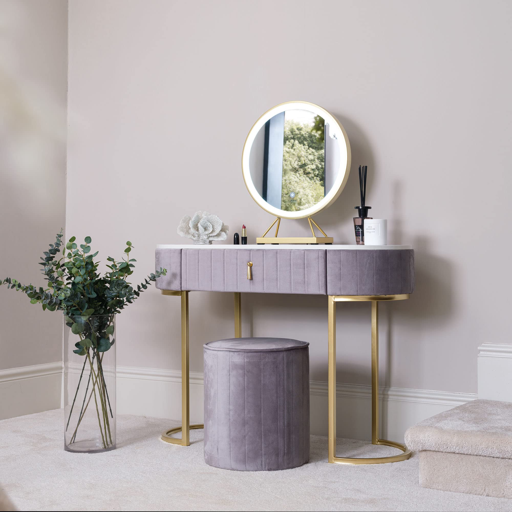 Velvet Dressing Table with LED Light Mirror Touch Sensor