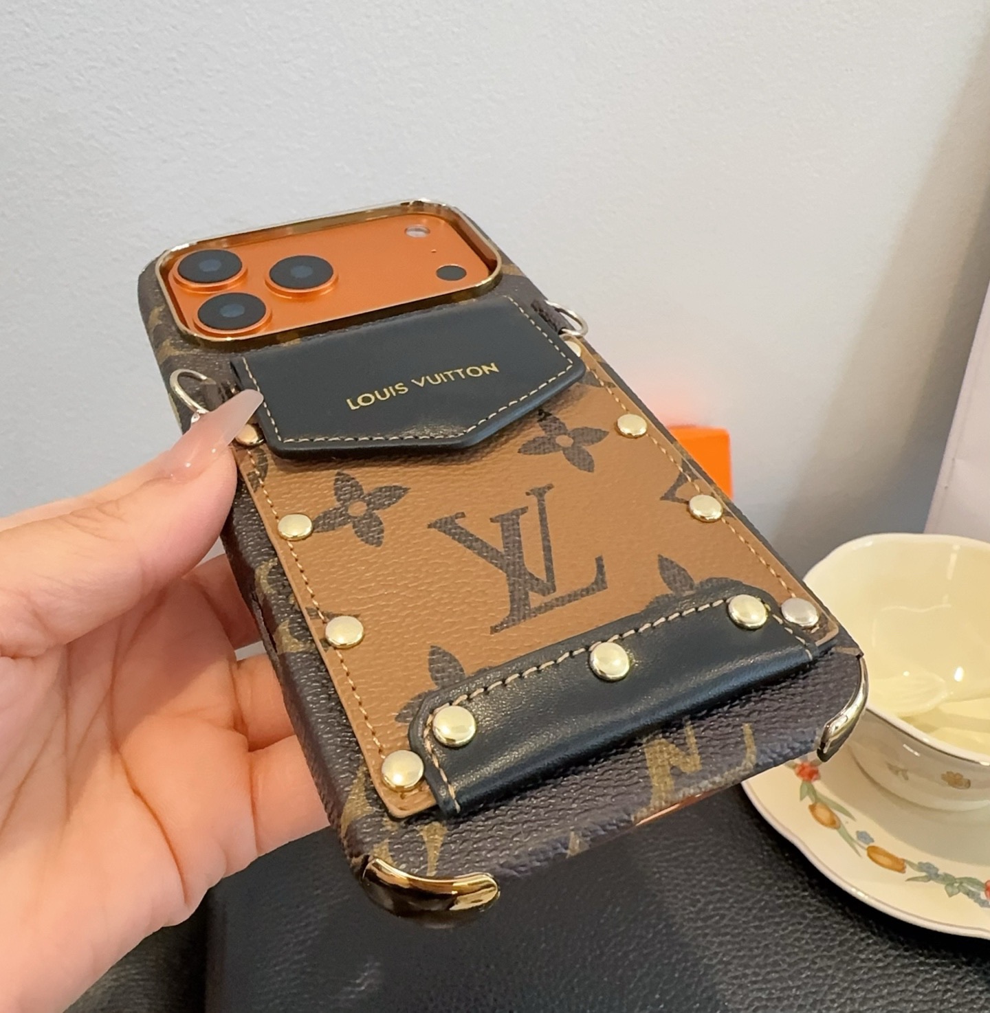 Louis Vuitton Style Monogram Card Holder Crossbody Phone Case With Rivet Detail
